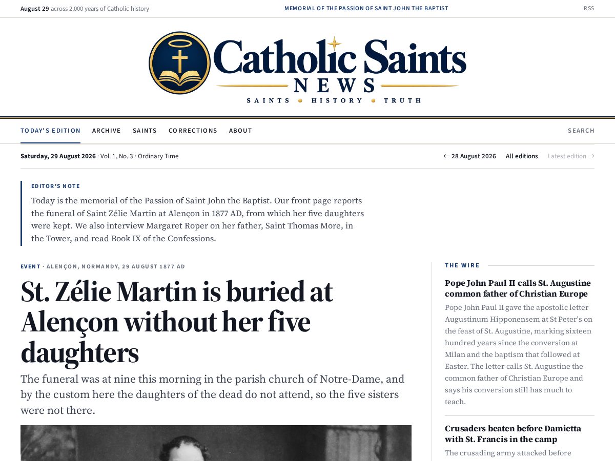 Landing-page snapshot of catholicsaintsnews.com
