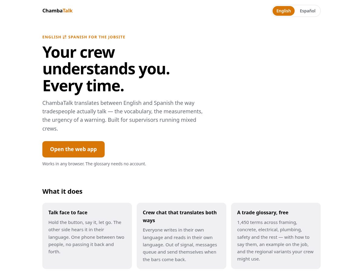 Landing-page snapshot of chambatalk.com