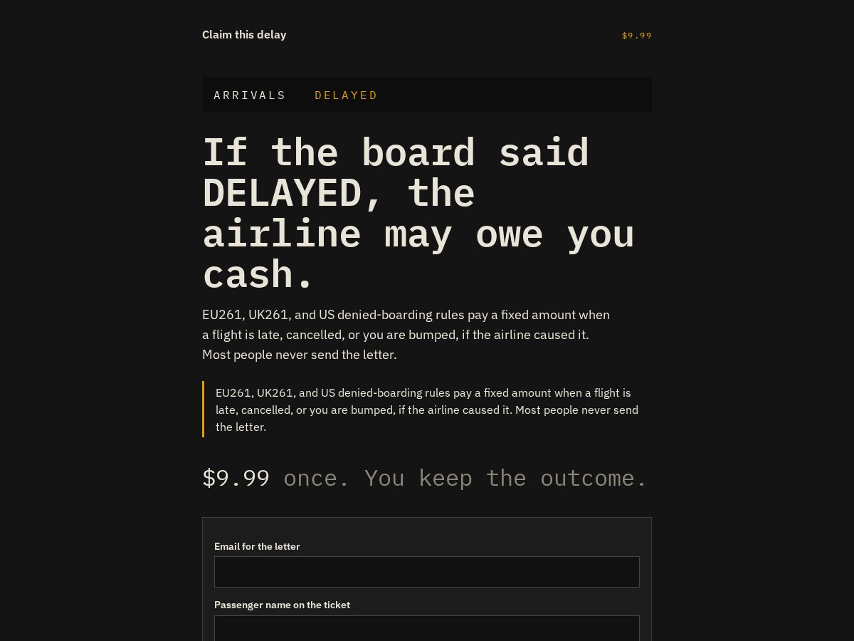 Landing-page snapshot of claimthisdelay.com