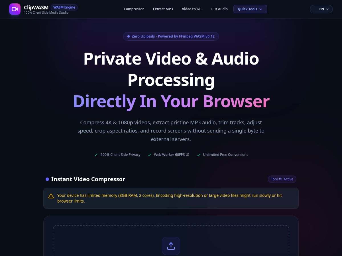 Landing-page snapshot of clipwasm.com