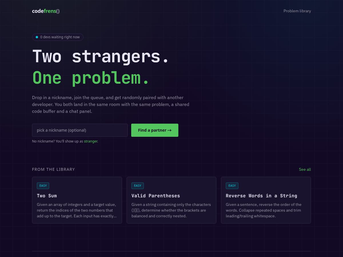 Landing-page snapshot of codefrens.com