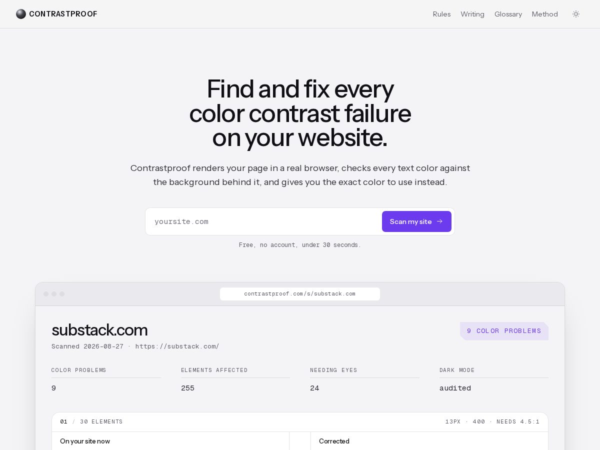 Landing-page snapshot of contrastproof.com