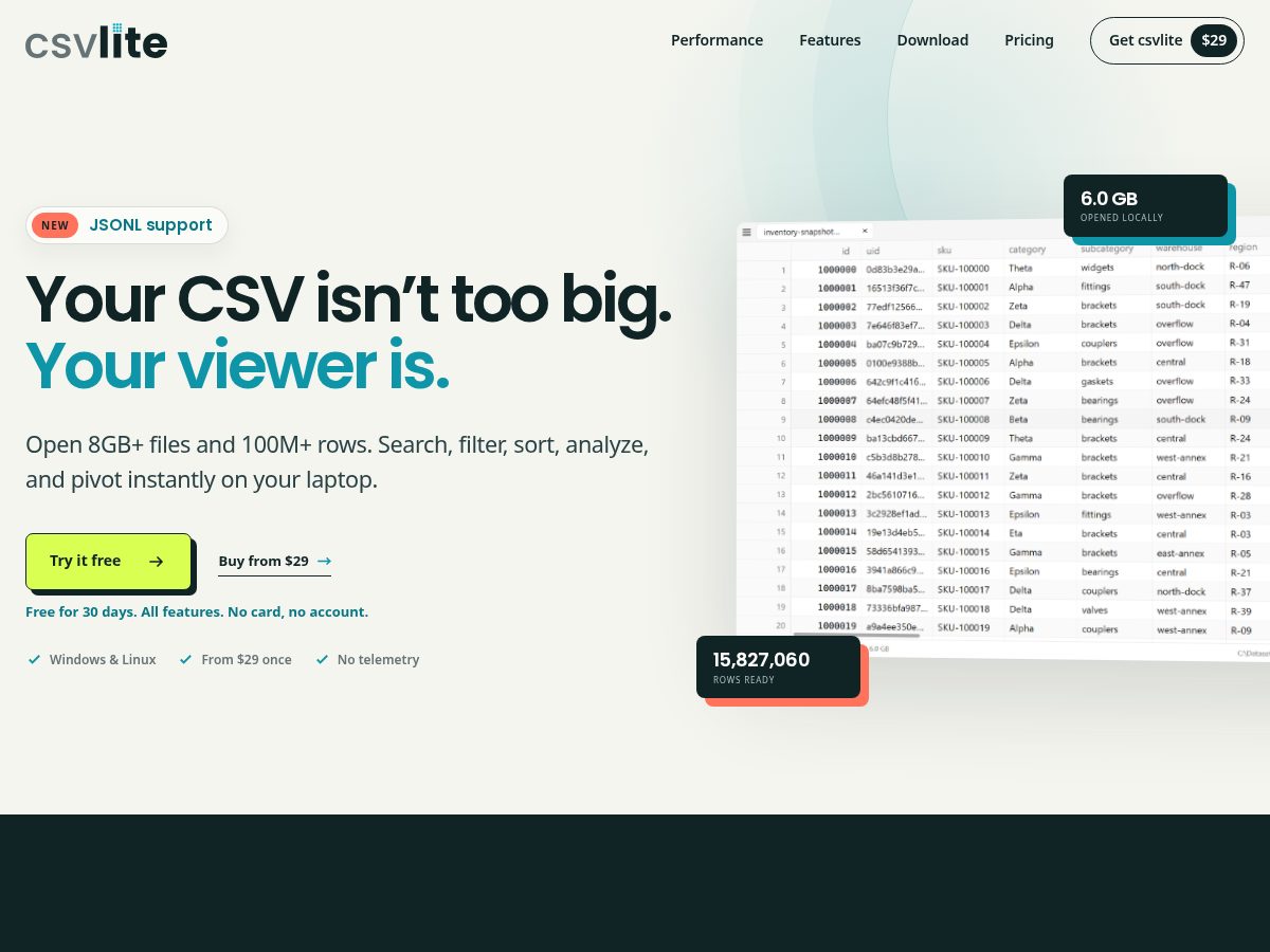 Landing-page snapshot of csvlite.com