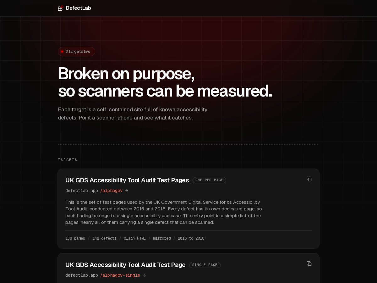 Landing-page snapshot of defectlab.app