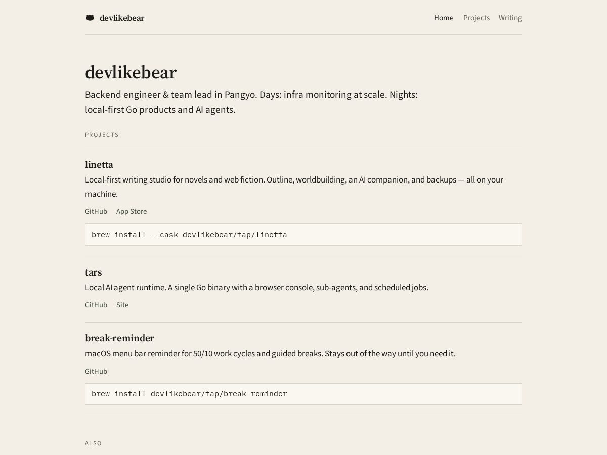Landing-page snapshot of devlikebear.com