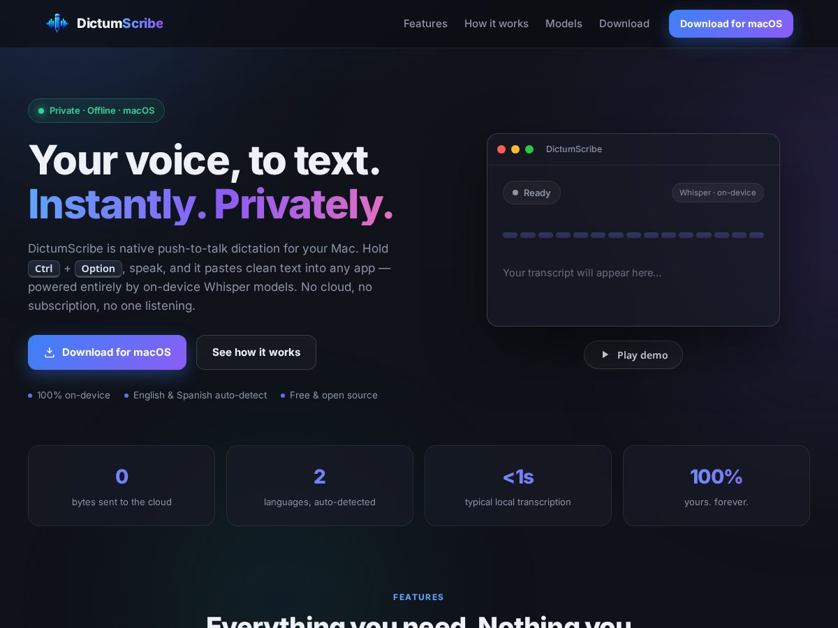 Landing-page snapshot of dictumscribe.com