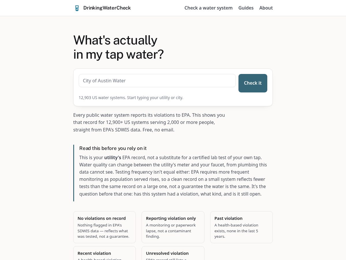 Landing-page snapshot of drinkingwatercheck.com