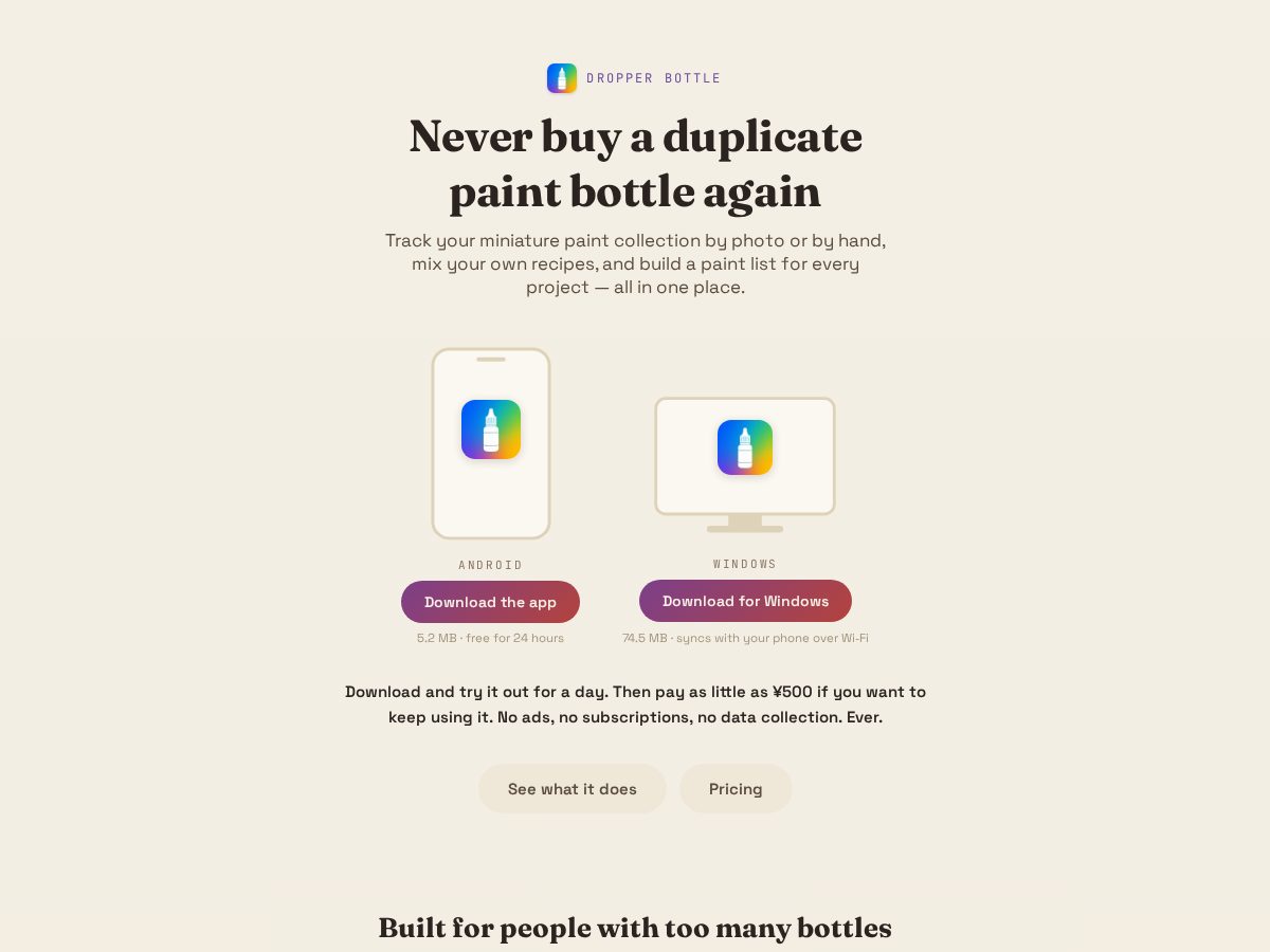 Landing-page snapshot of dropperbottleapp.com
