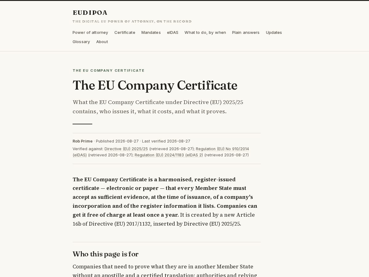 Landing-page snapshot of eucompanycert.com