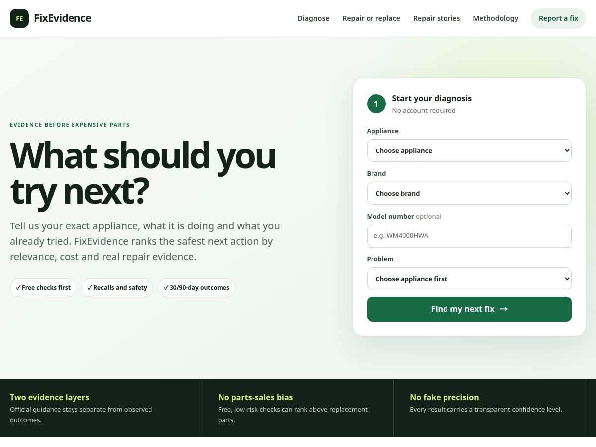 Landing-page snapshot of fixevidence.com