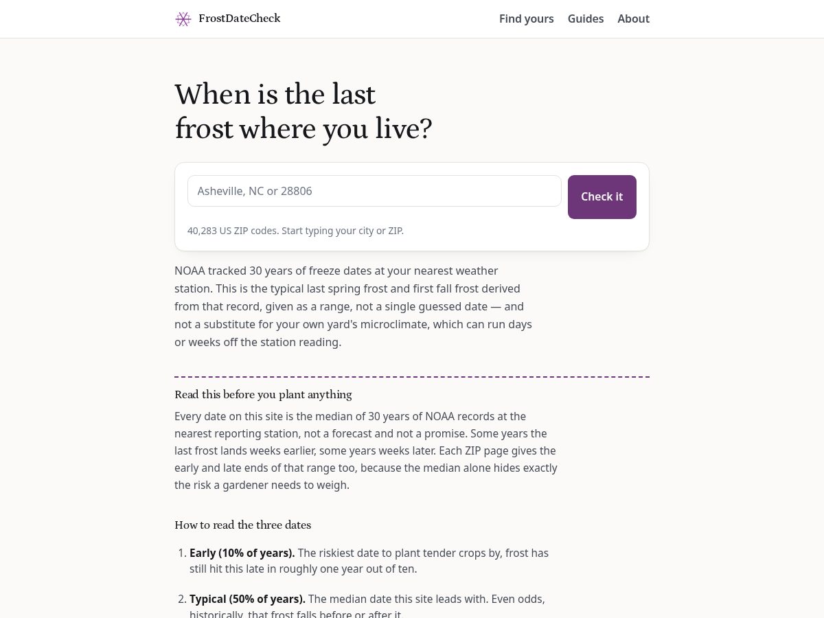 Landing-page snapshot of frostdatecheck.com