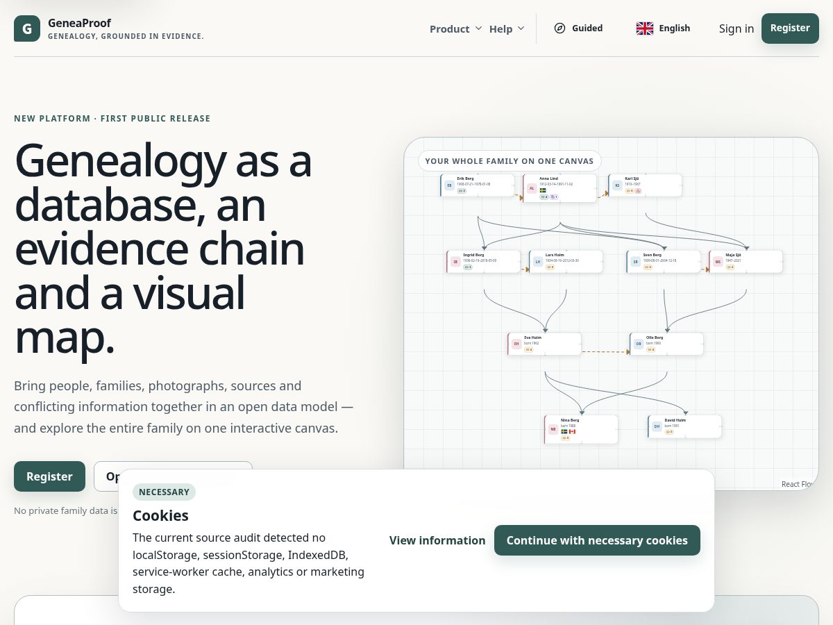 Landing-page snapshot of geneaproof.com