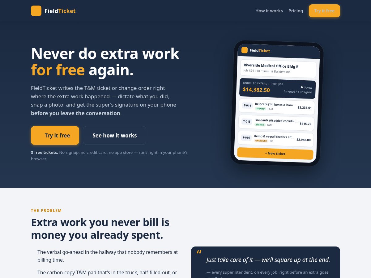 Landing-page snapshot of getfieldticket.com