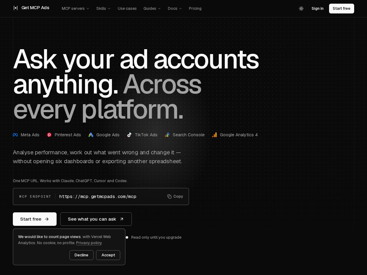 Landing-page snapshot of getmcpads.com
