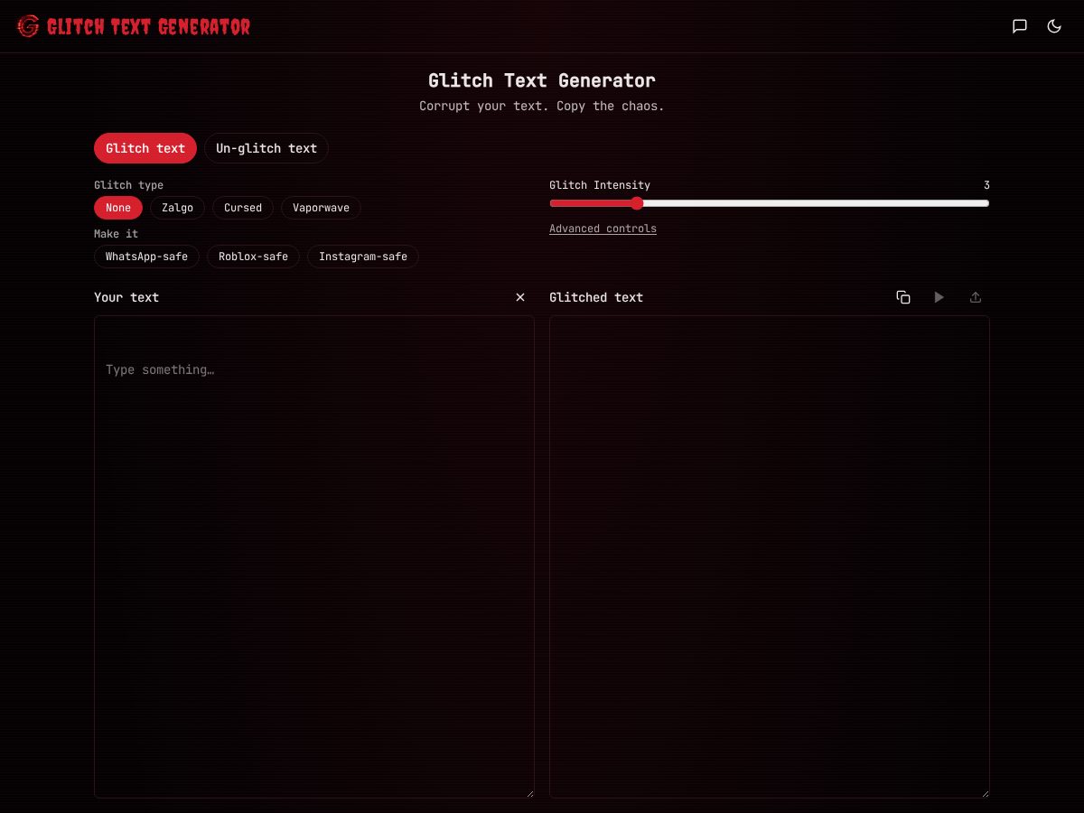 Landing-page snapshot of glitchtextgen.com