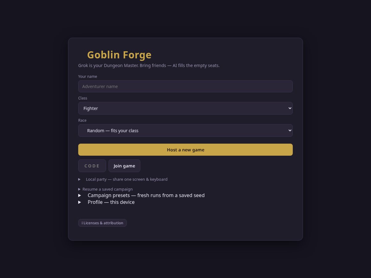 Landing-page snapshot of goblinforge.party
