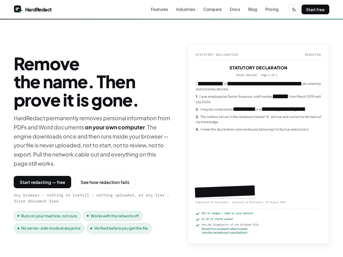 Landing-page snapshot of hardredact.com