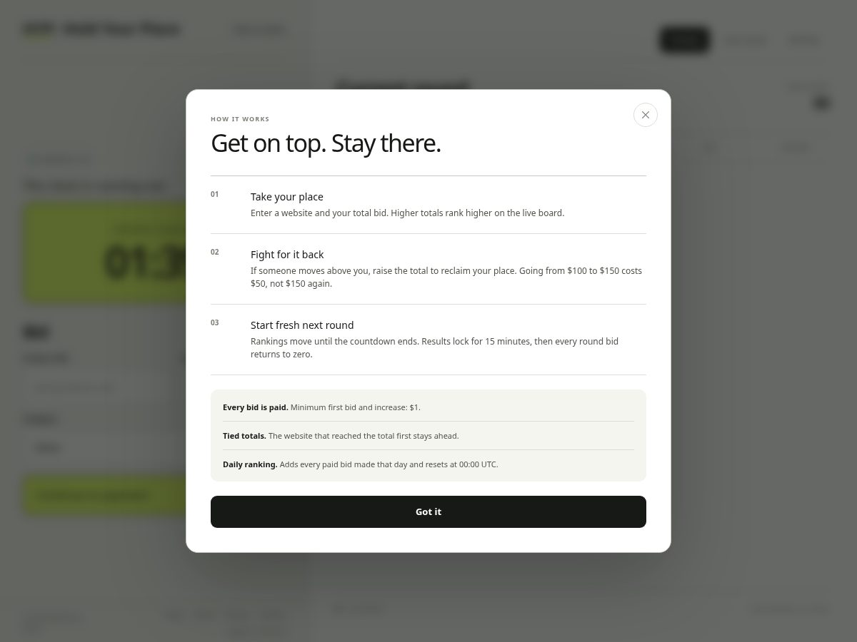 Landing-page snapshot of holdyourplace.lol