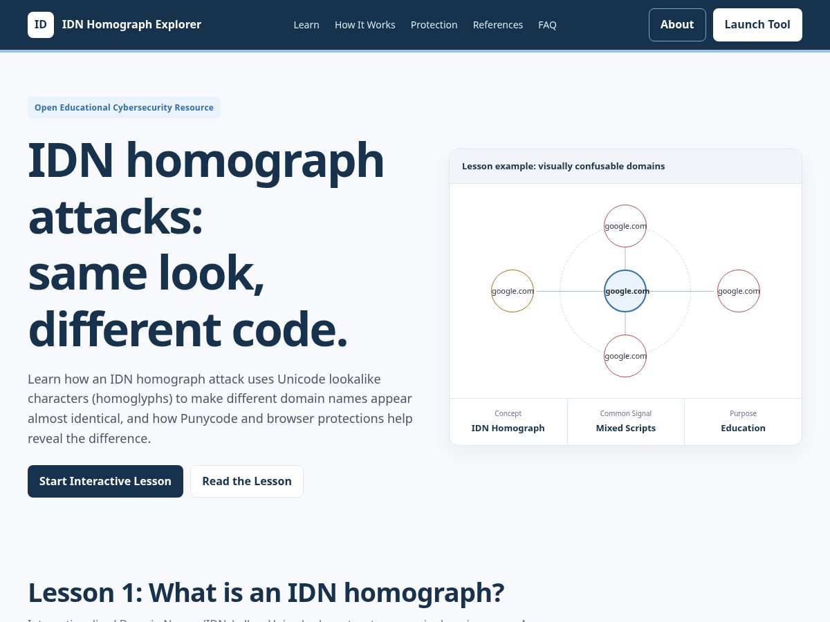 Landing-page snapshot of idnhomograph.org