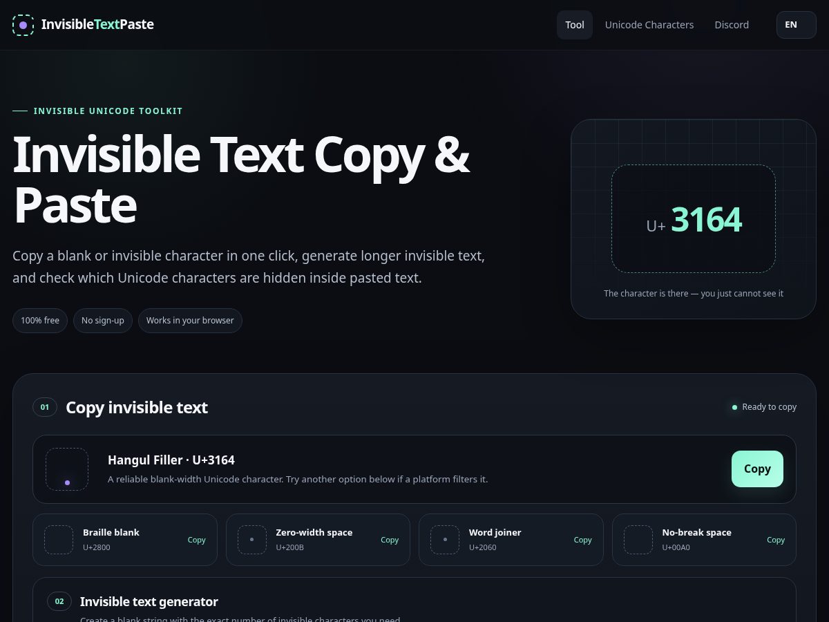 Landing-page snapshot of invisibletextpaste.com