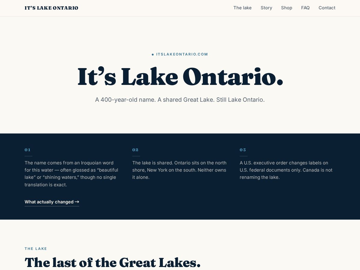 Landing-page snapshot of itslakeontario.com