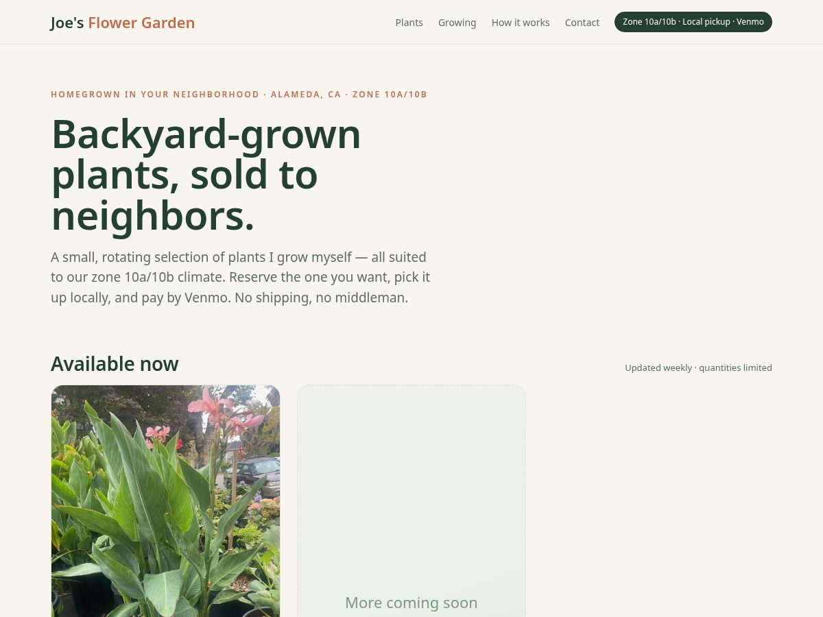 Landing-page snapshot of joesflowergarden.com