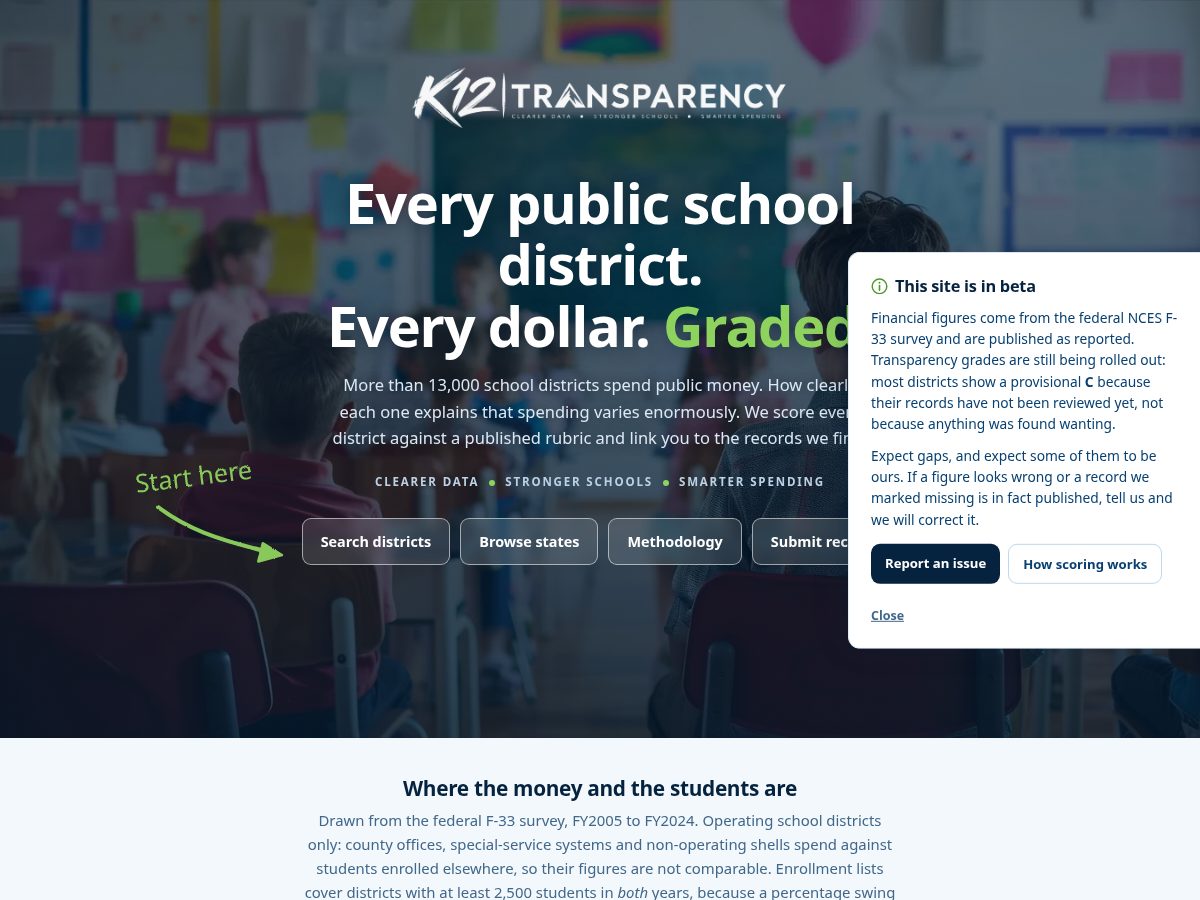 Landing-page snapshot of k12transparency.com