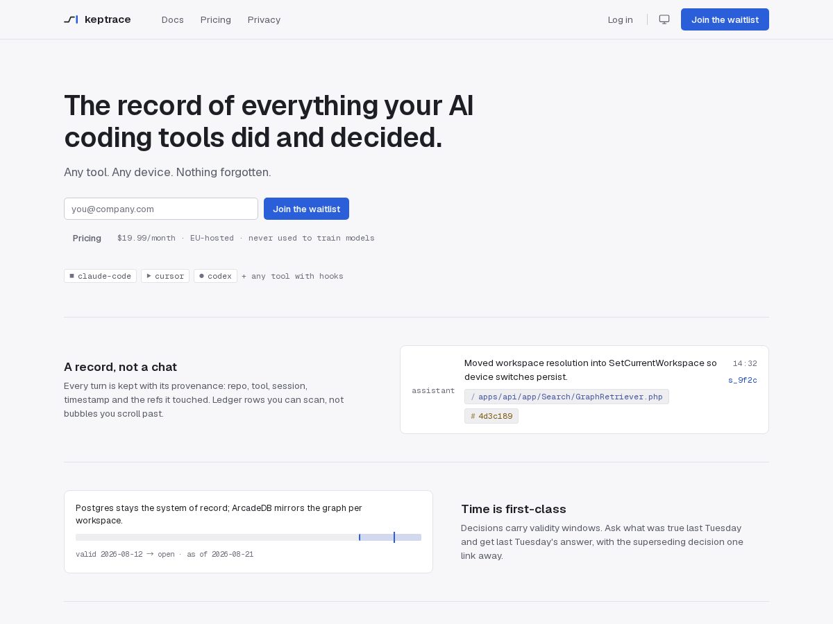 Landing-page snapshot of keptrace.com