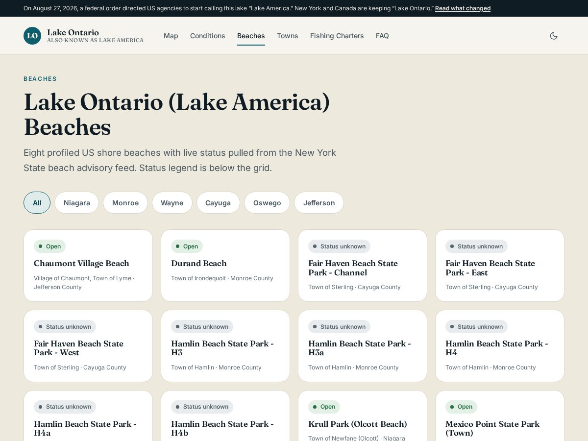 Landing-page snapshot of lakeamericabeach.com