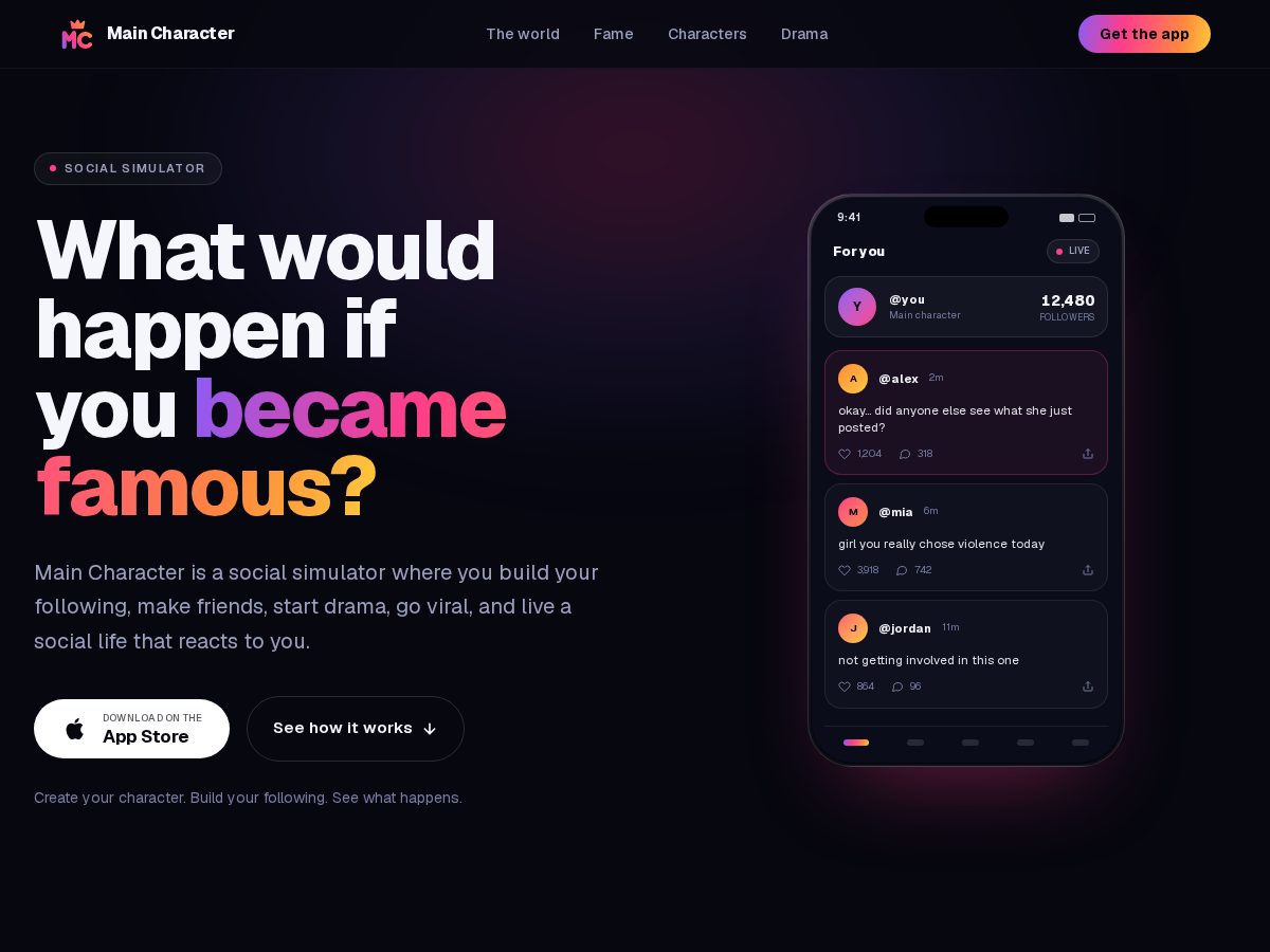 Landing-page snapshot of maincharacter.world