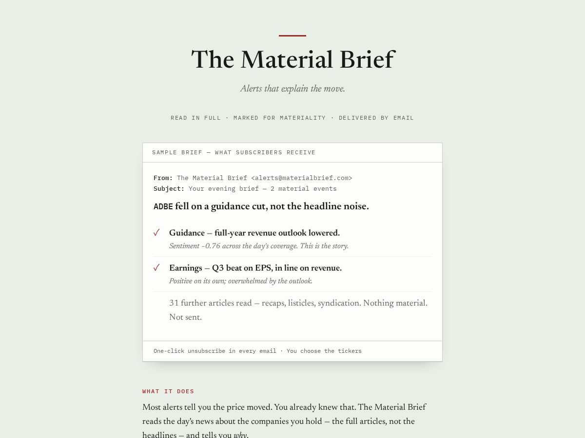 Landing-page snapshot of materialbrief.com