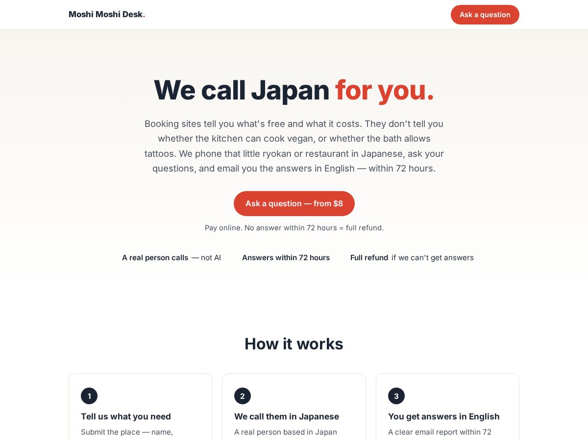 Landing-page snapshot of moshimoshidesk.com