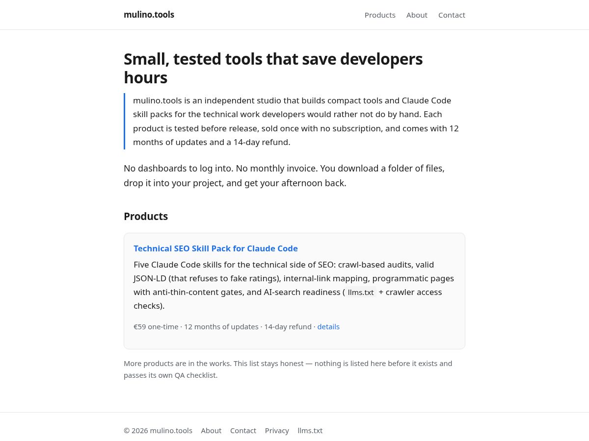 Landing-page snapshot of mulino.tools