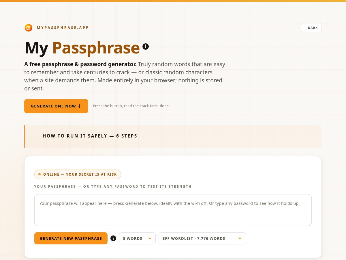 Landing-page snapshot of mypassphrase.app