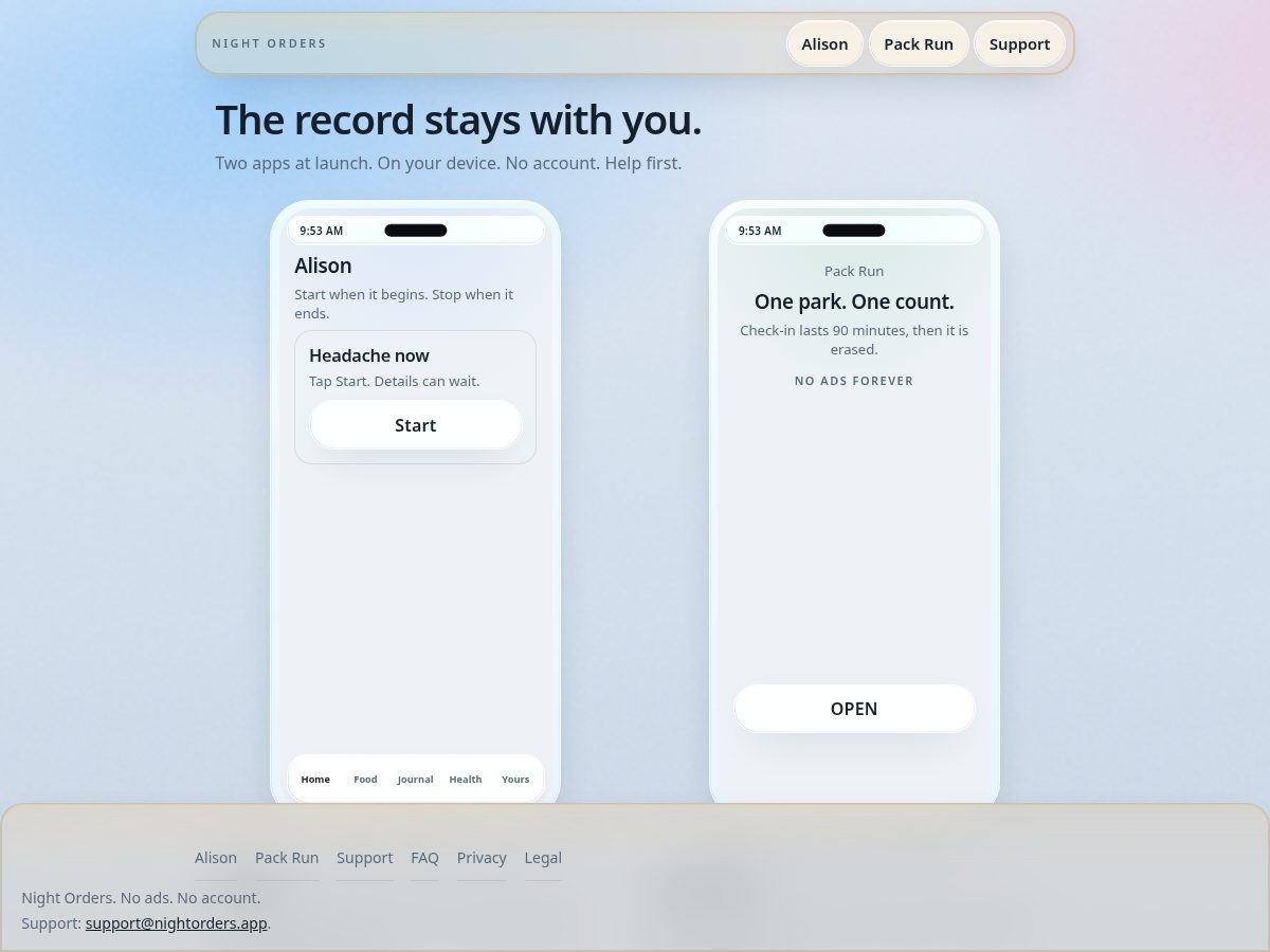 Landing-page snapshot of nightorders.app