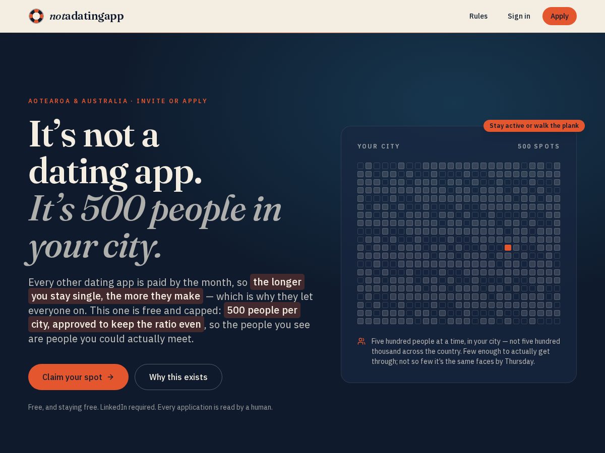 Landing-page snapshot of notadatingapp.app
