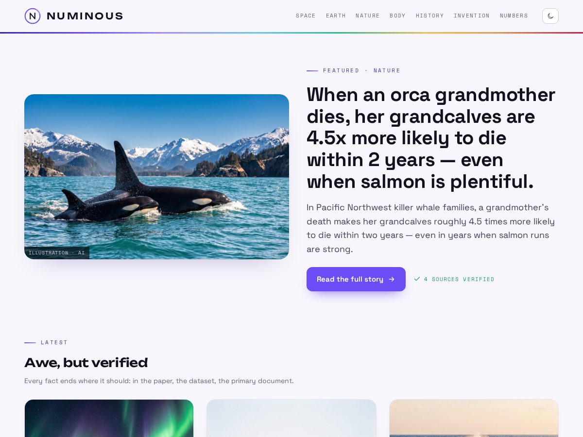 Landing-page snapshot of numinousfacts.com