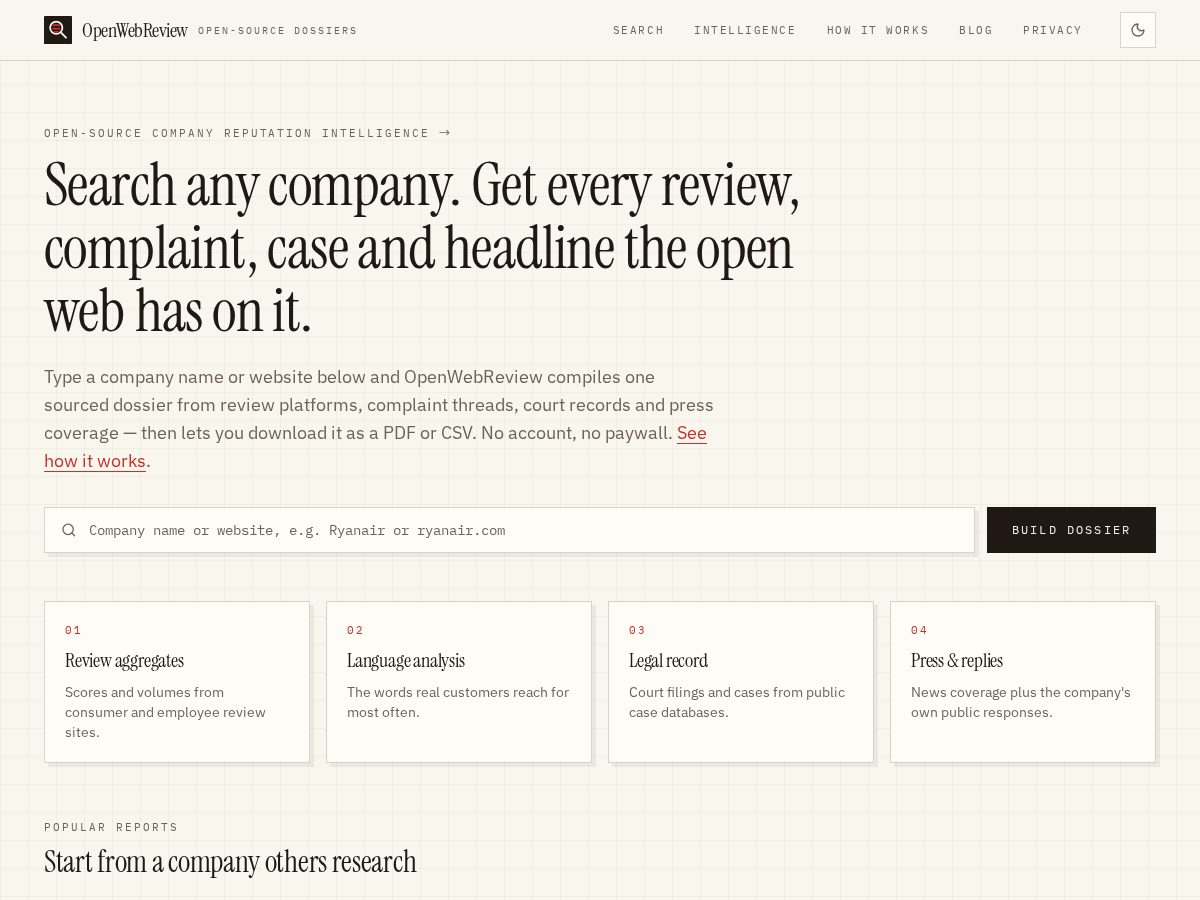 Landing-page snapshot of openwebreview.com