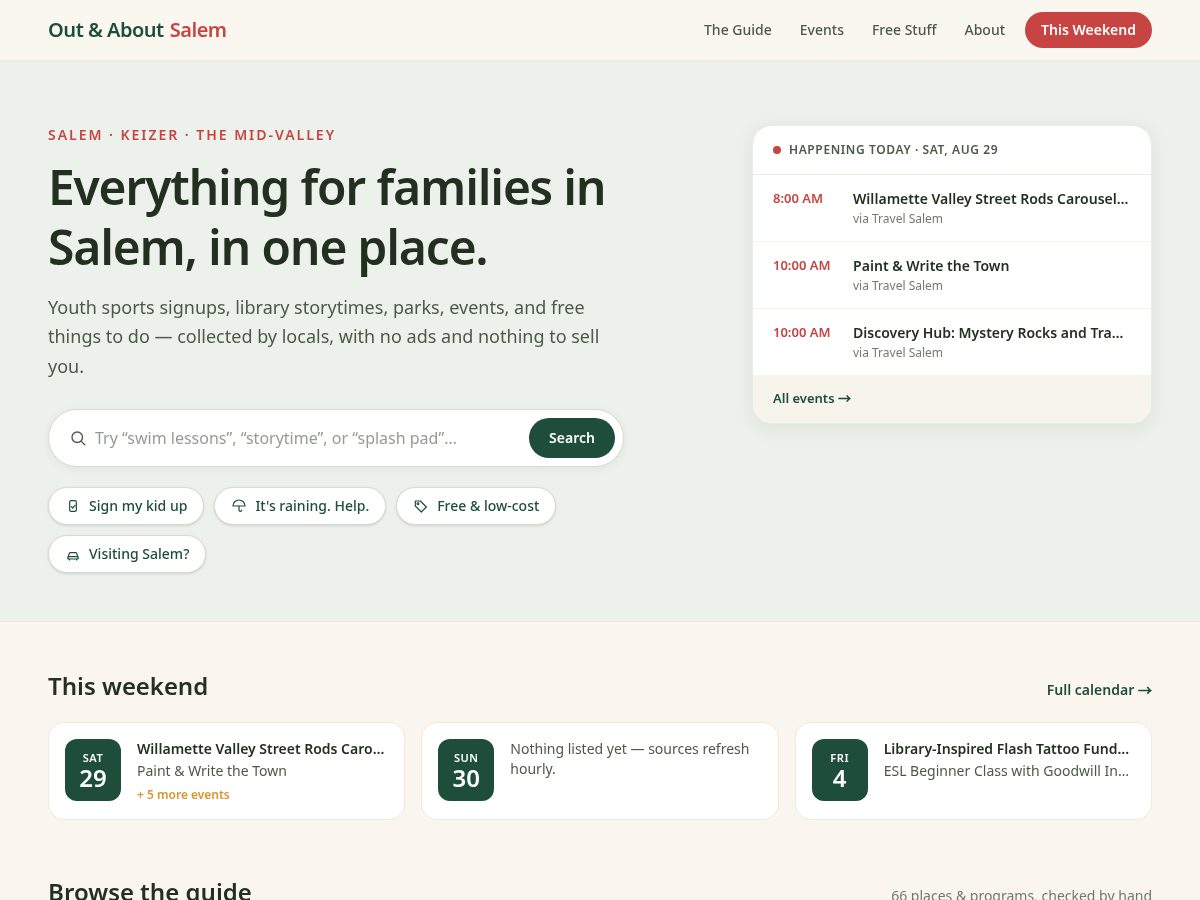 Landing-page snapshot of outandaboutsalem.com