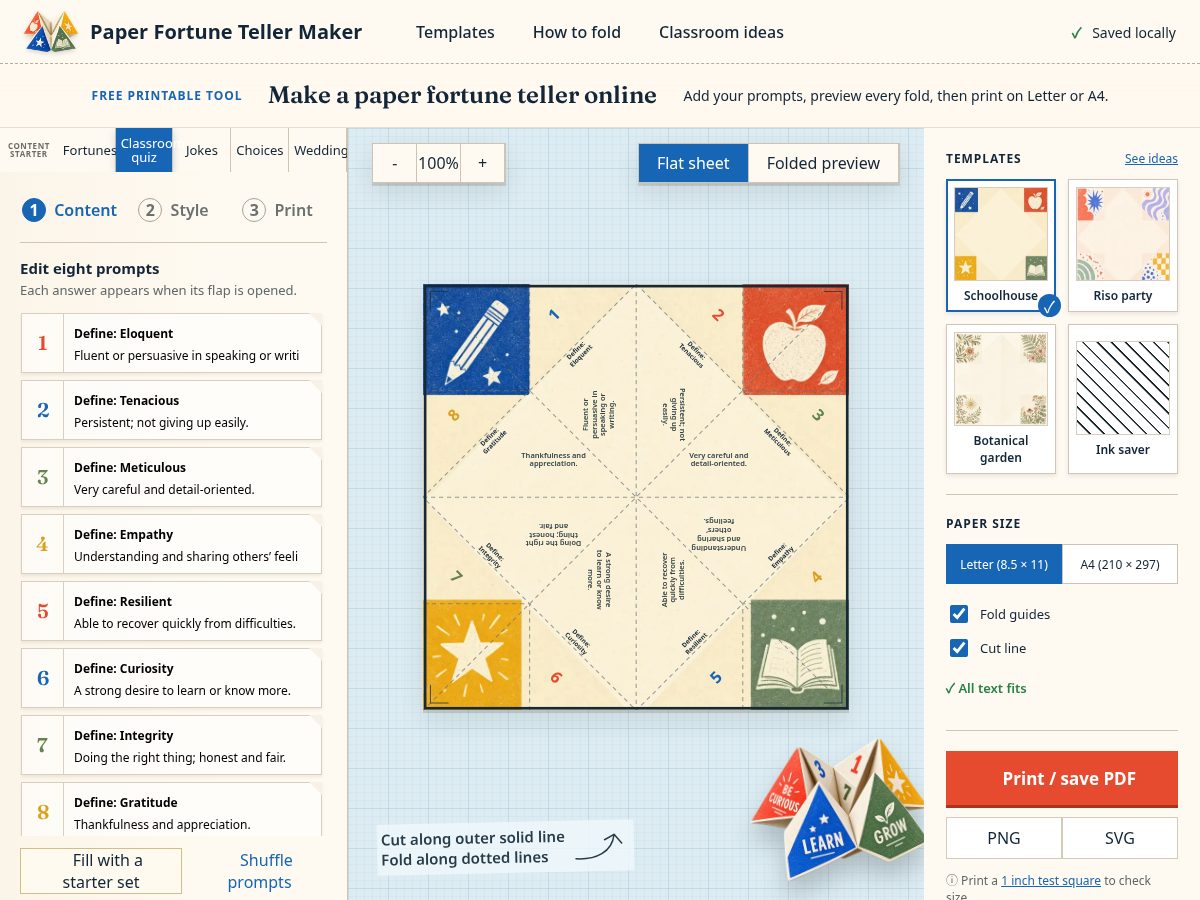 Landing-page snapshot of paper-fortune-teller-maker.com