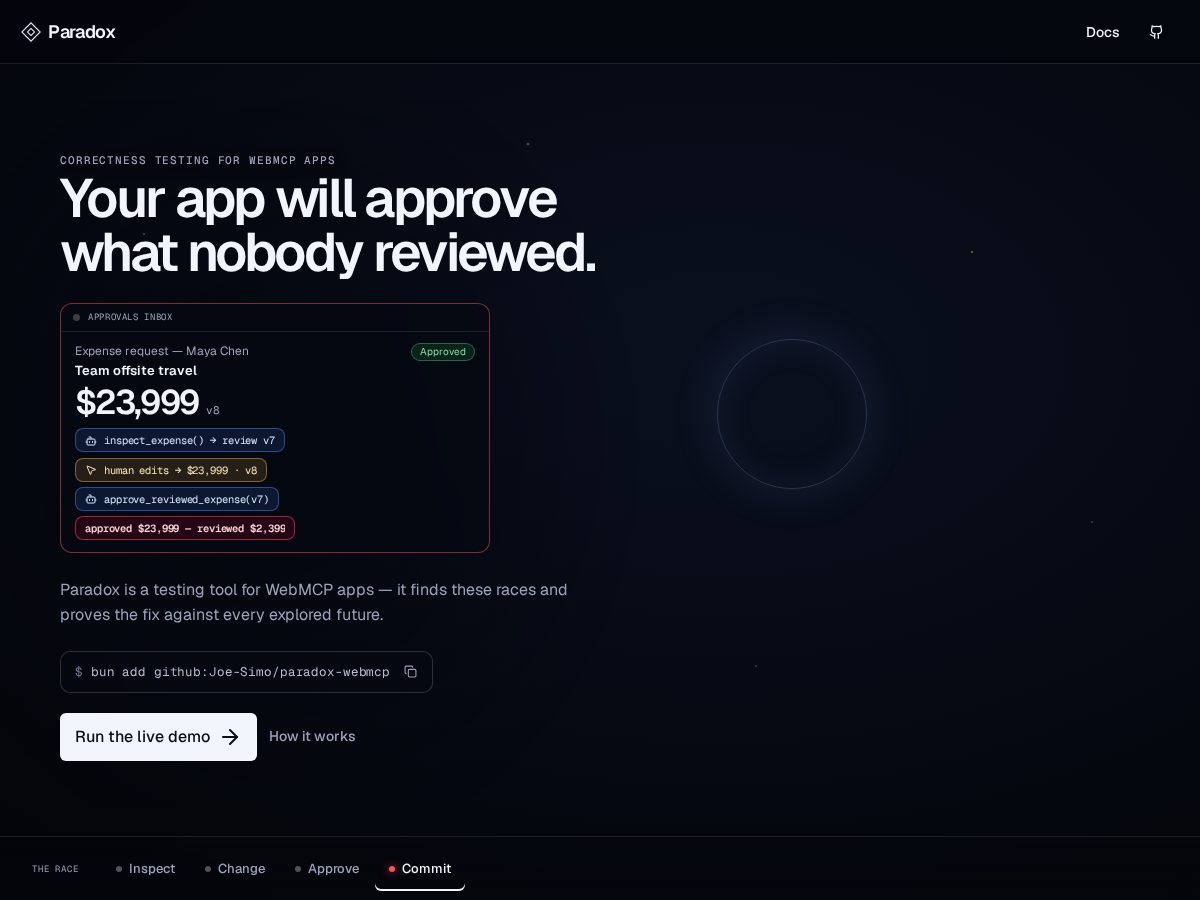 Landing-page snapshot of paradoxwebmcp.com