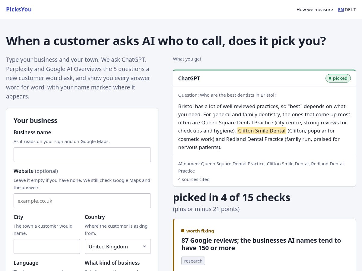 Landing-page snapshot of picksyou.com