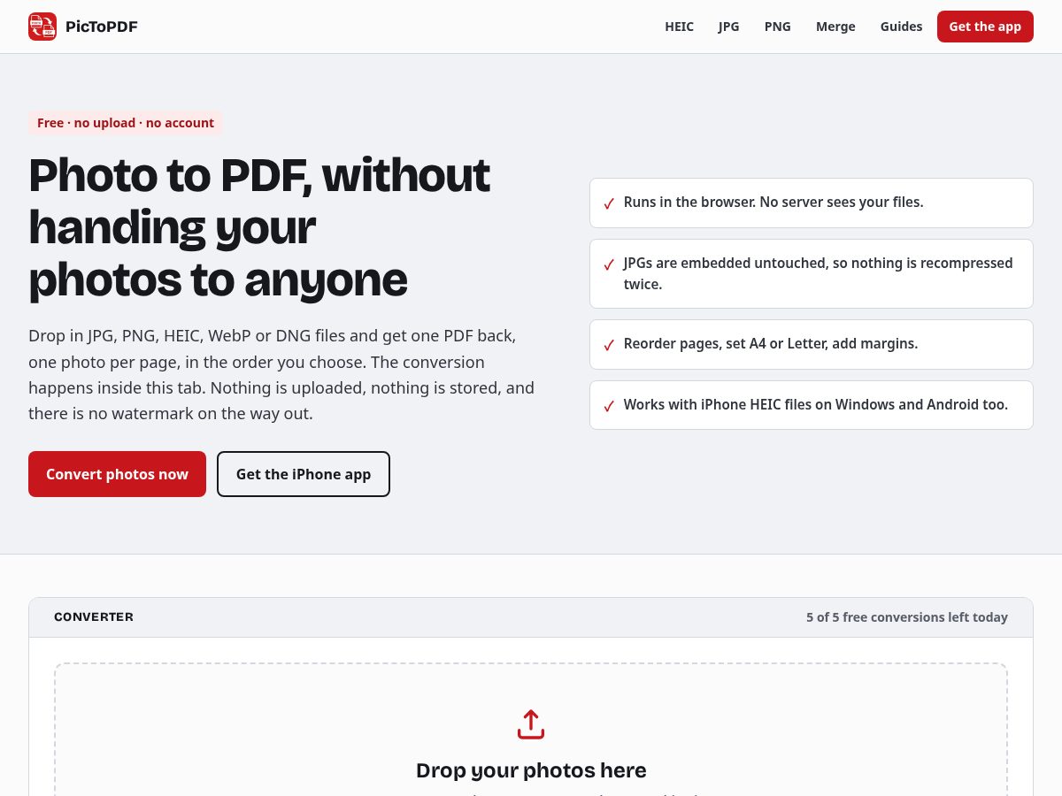 Landing-page snapshot of pictopdf.app