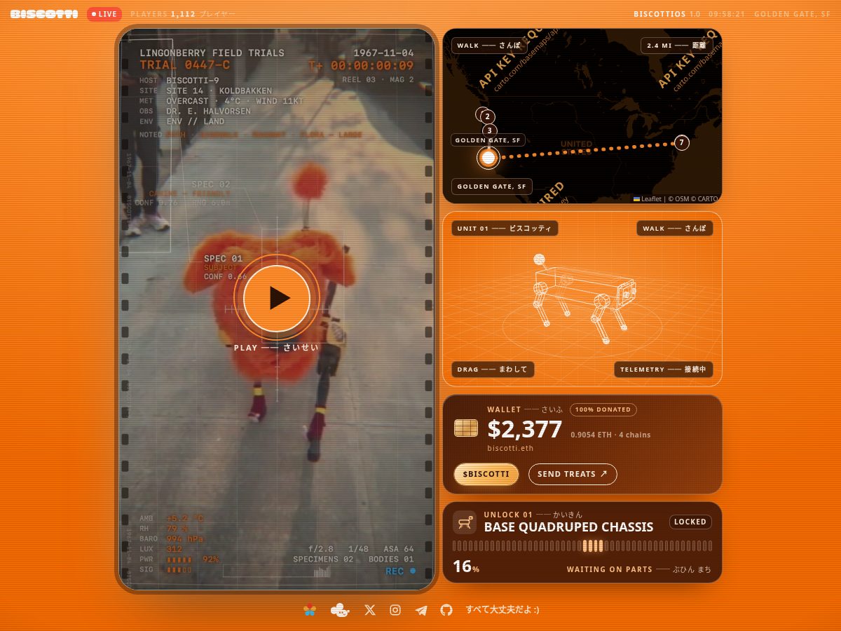 Landing-page snapshot of playbiscotti.net