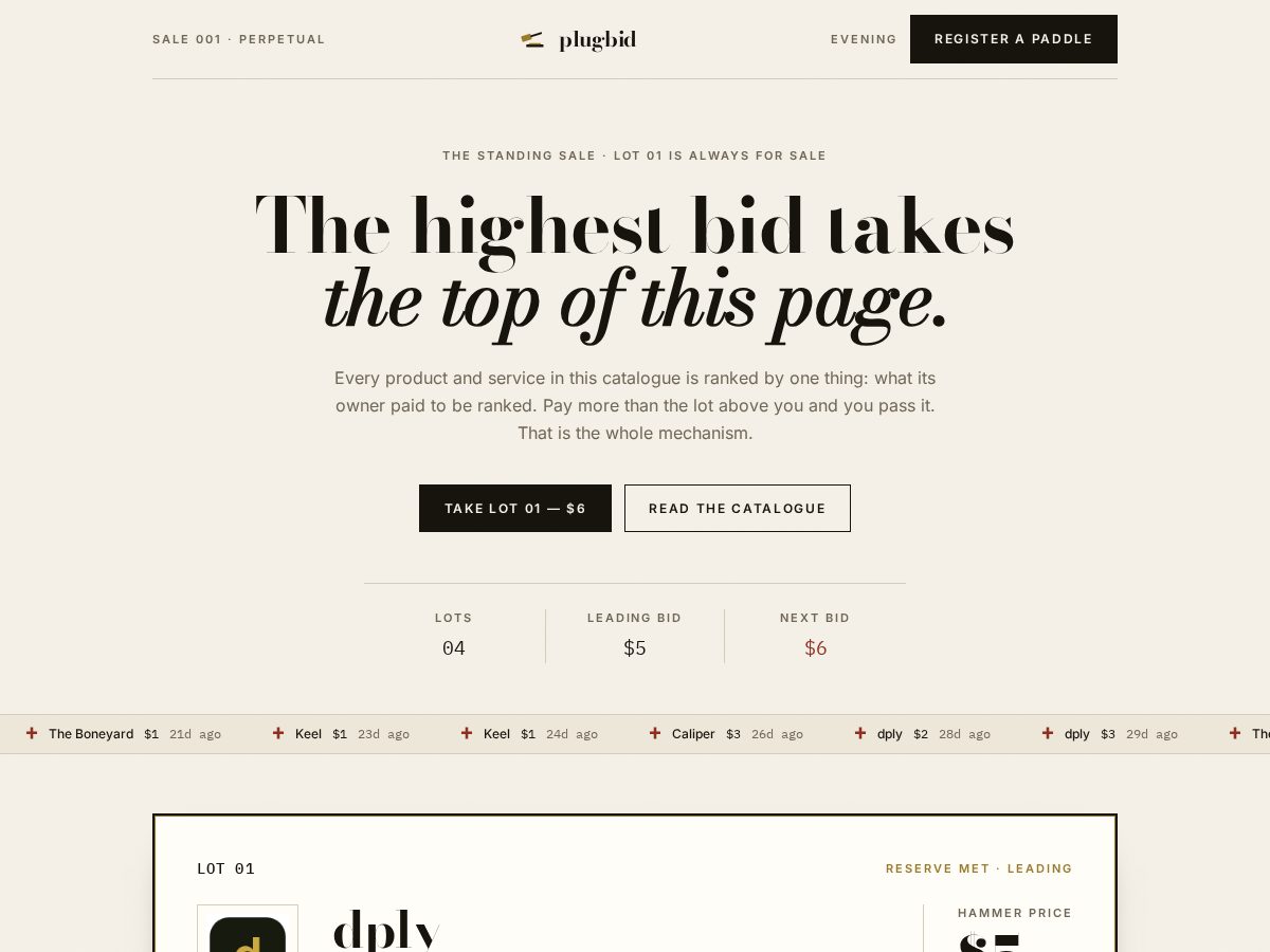Landing-page snapshot of plugbid.online