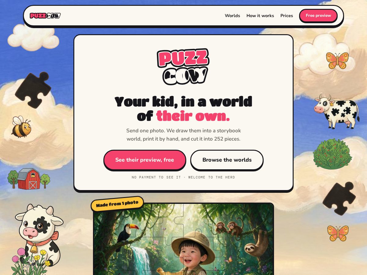 Landing-page snapshot of puzzcow.com