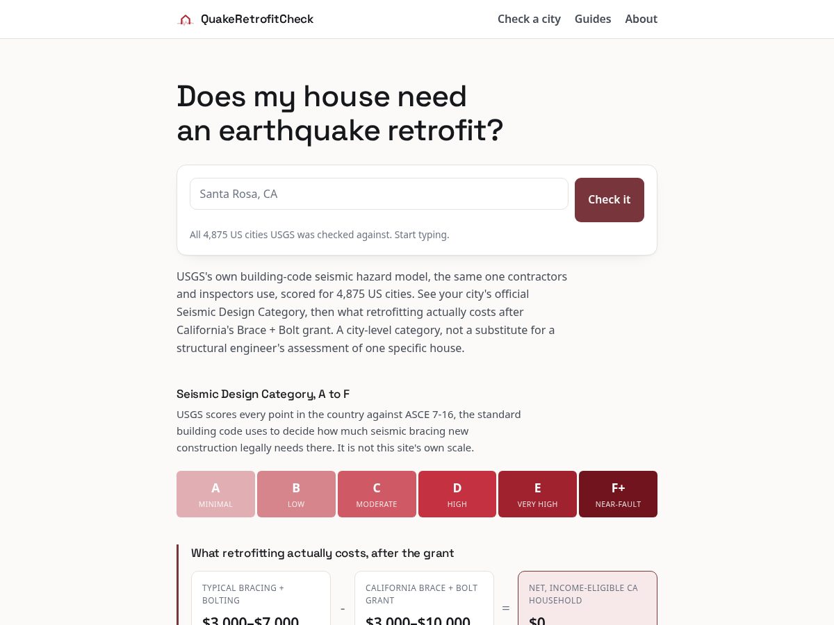Landing-page snapshot of quakeretrofitcheck.com