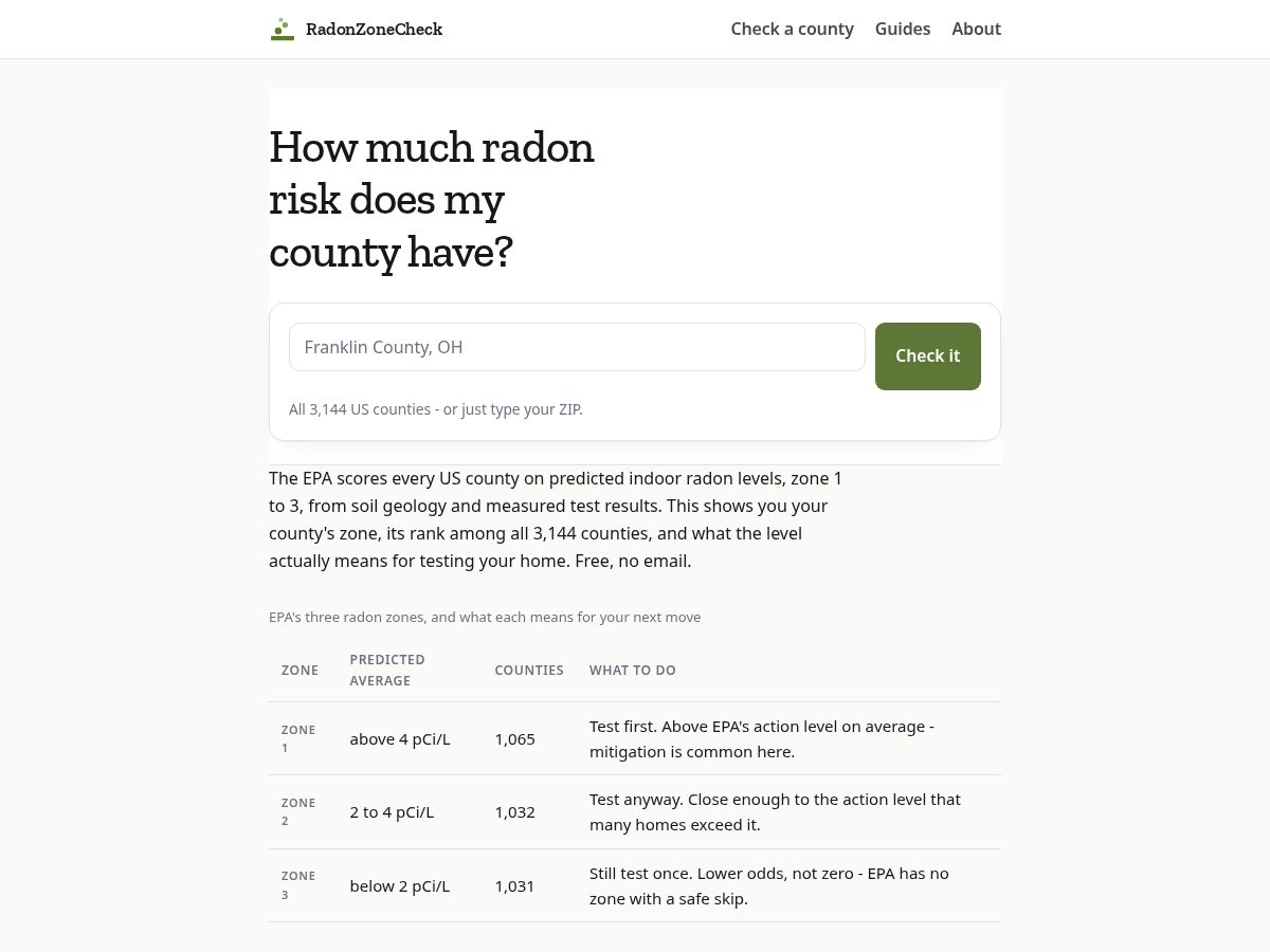 Landing-page snapshot of radonzonecheck.com