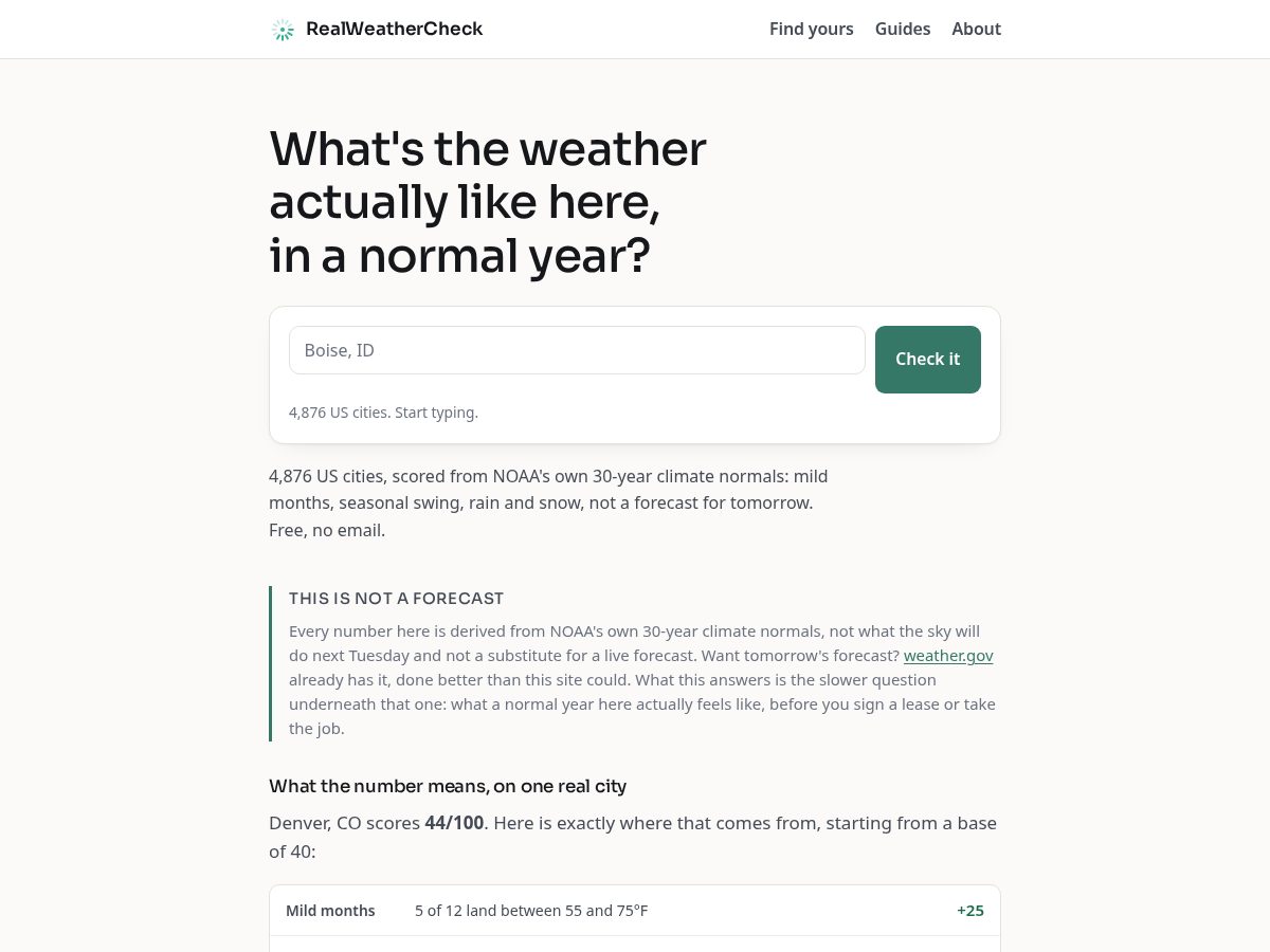 Landing-page snapshot of realweathercheck.com