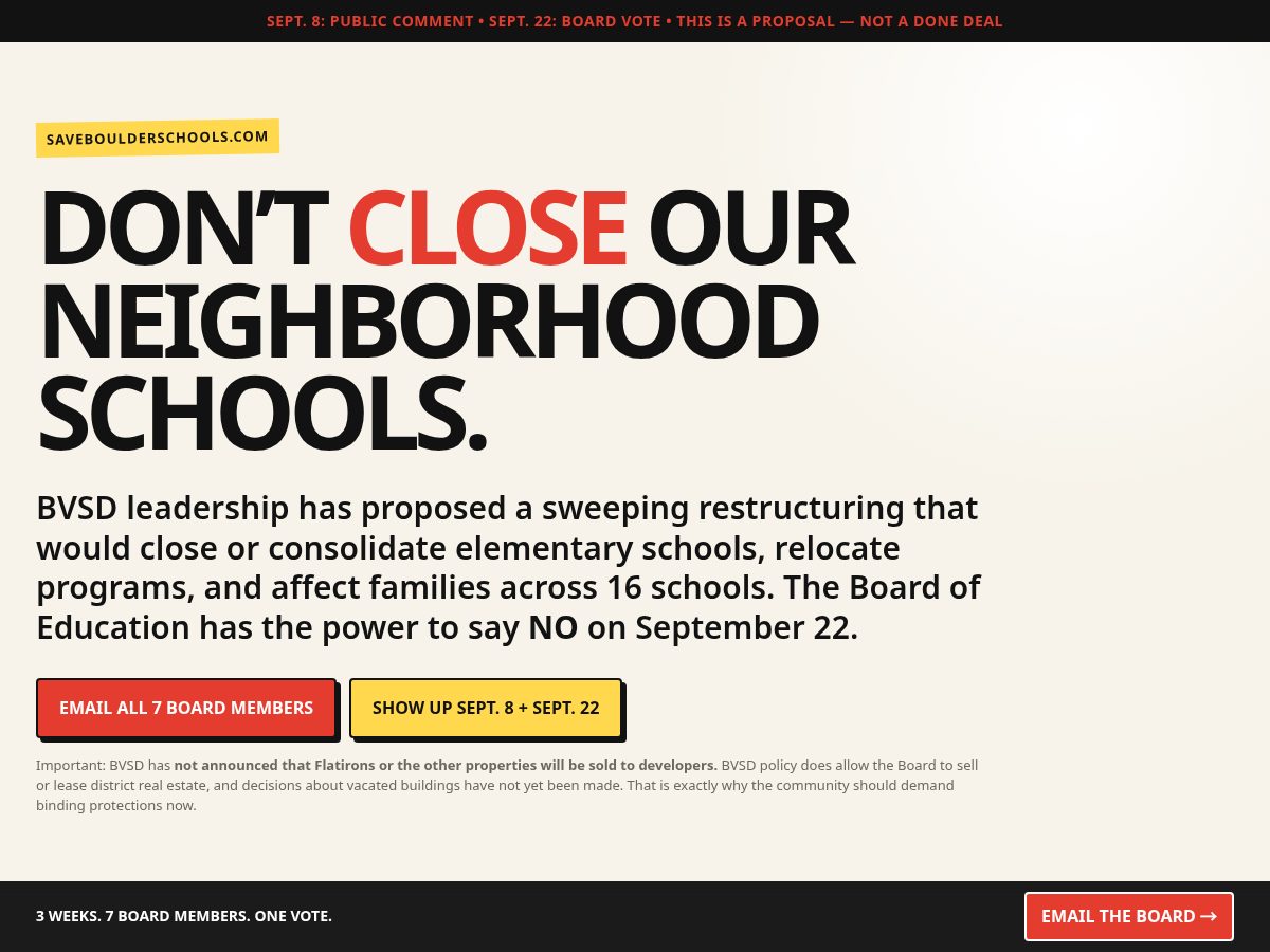 Landing-page snapshot of saveboulderschools.com